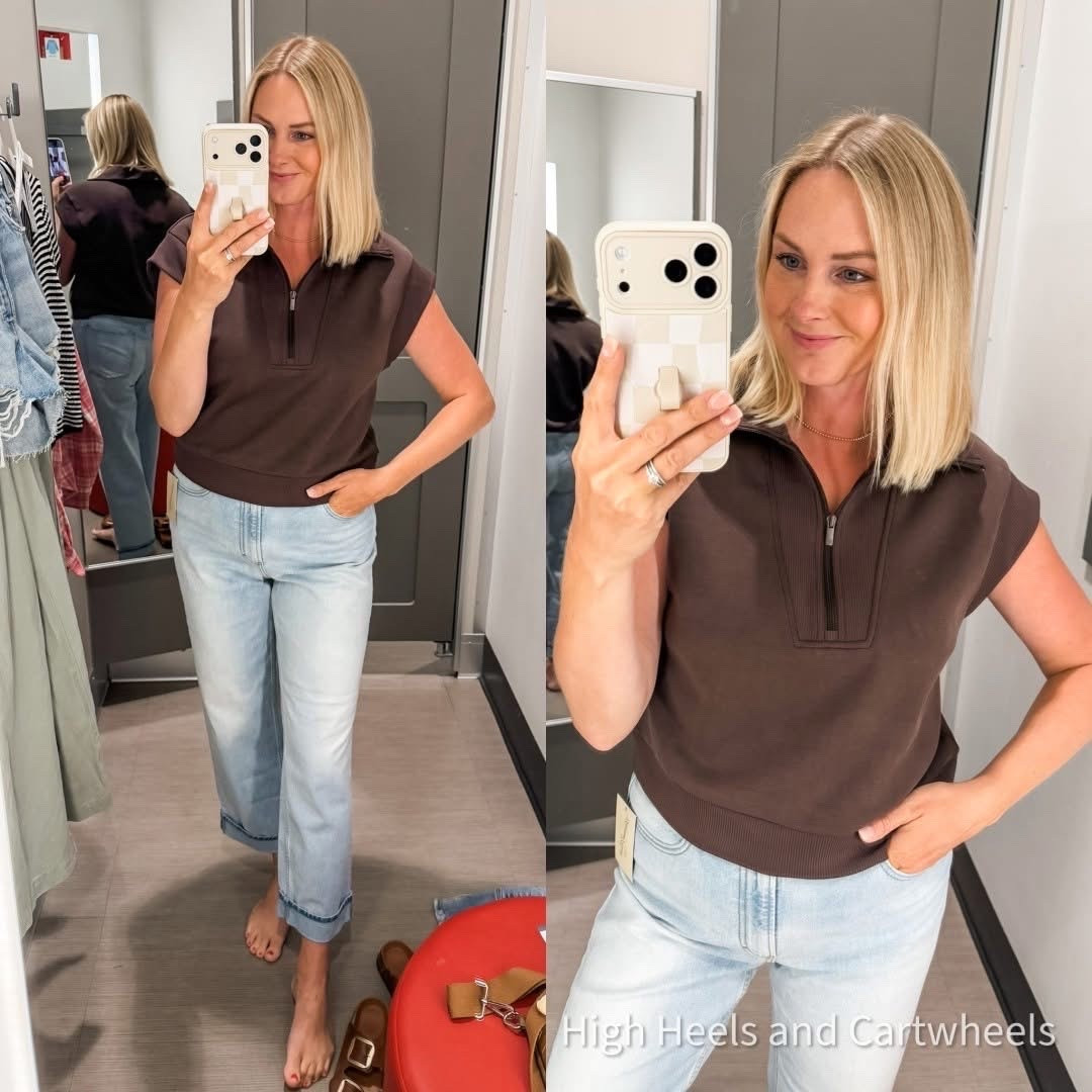 I am OBSESSED with this new Target top!! The material is amazinggg and love that it can easily be dressed up or down. Sizes are selling out QUICK🔥 And the cuffs on those jeans are👌