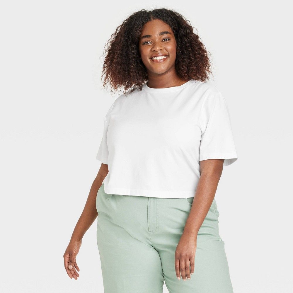 Women's Boxy Elbow Sleeve Cropped T-Shirt - A New Day™ White 2X | Target