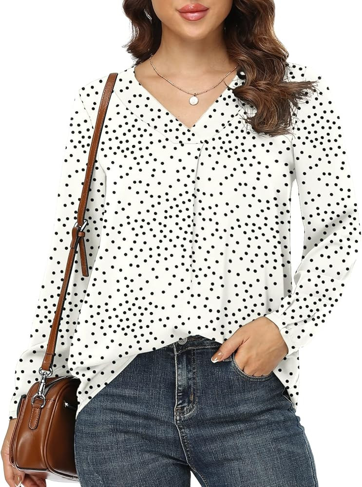 Jouica Blouses for Women Casual Chiffon Blouse Tops Loose V Neck Long Sleeve Blouse | Amazon (US)
