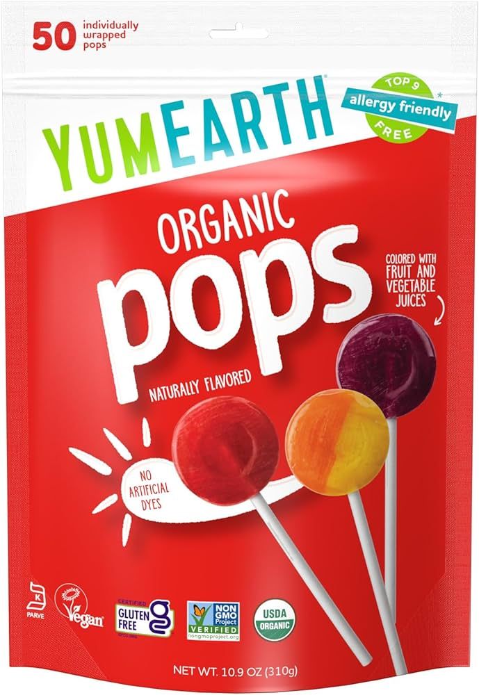 YumEarth Organic Fruit Flavored Pops, 50 Lollipops, Allergy Friendly, Gluten Free, Non-GMO, Vegan... | Amazon (US)