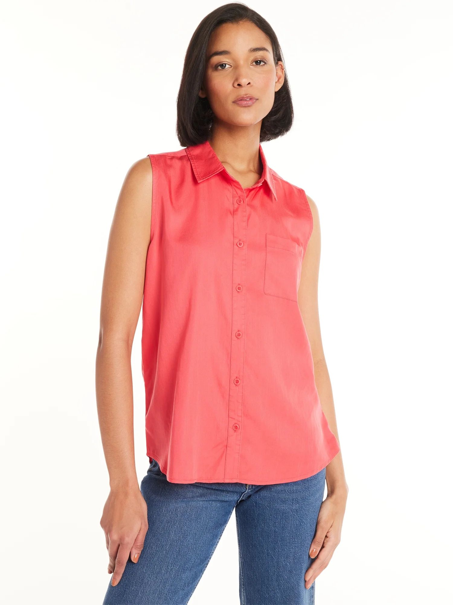 Time and Tru Sleeveless Button Down Shirt, Sizes XS-XXXL | Walmart (US)