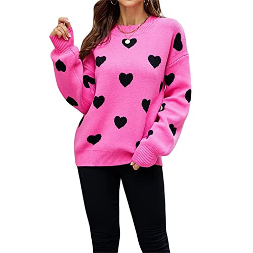 Women Cute Heart Print Sweaters Long Sleeve Valentines Day Love Pullover Casual Crew Neck Knitted Jumper Tops(Ribbed Red,Medium) | Amazon (US)