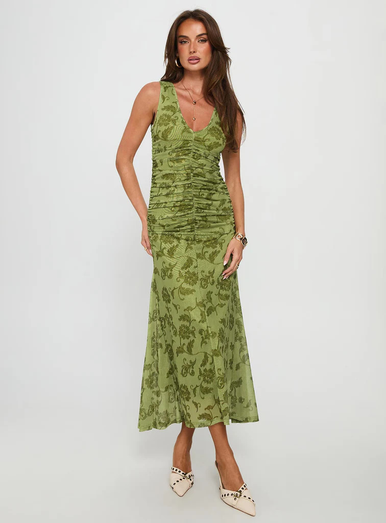 Stefanya Gathered Maxi Dress Green Floral | Princess Polly US