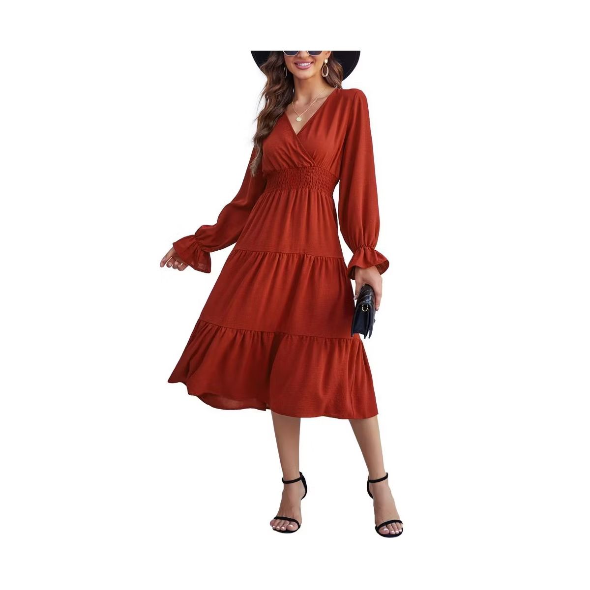 Women's Casual Wrap V Neck Midi Dress Long Sleeve Smocked Waist Tiered A Line Pleated Flowy Long ... | Target