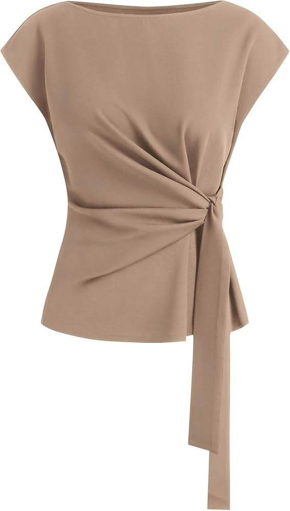BTFBM Womens Tops Summer 2026 Cap Sleeve Crew Neck Tie Waist Blouses Dressy Casual Business Work ... | Amazon (US)