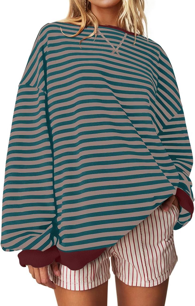 UEU Women Oversized Striped Crewneck Sweatshirt Long Sleeve Casual Pullover | Amazon (US)