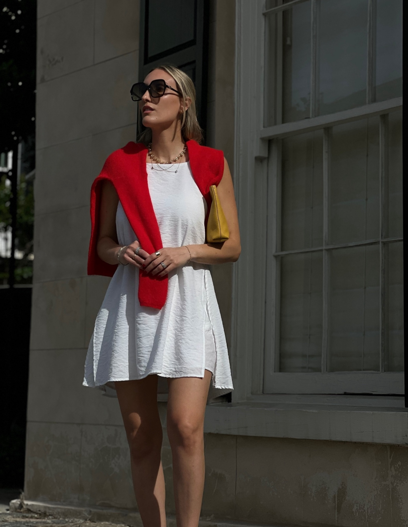 white dress red cardigan Red cardigan, white dress and flesh-colored stockings