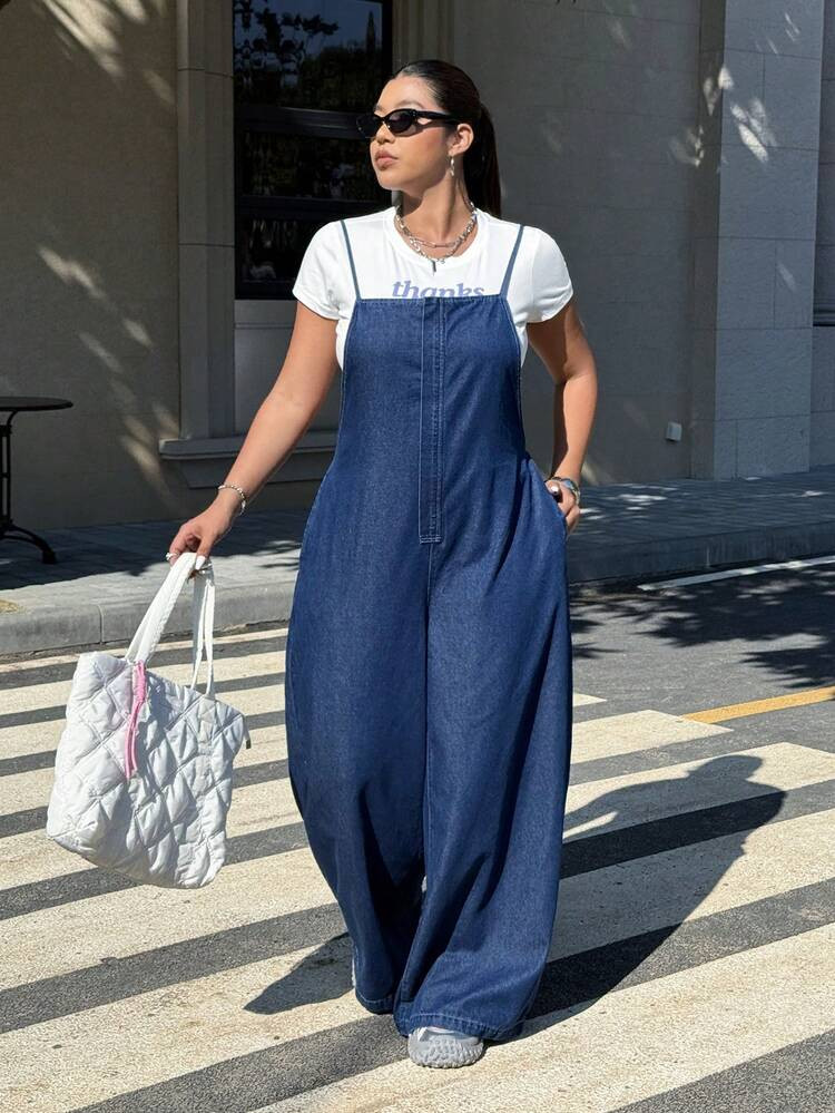 SHEIN Muchic 2026SSpring And SummerPlus Size Casual Washed Wide Leg Denim JumpsuitOutdoor Clothing, Back To School, Street Clothing, Y2K Clothing, Beach Vacation Clothing | SHEIN
