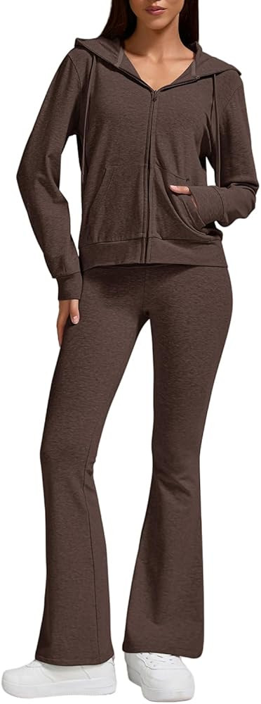 ZFLM Casual Workout Two Piece Outfits for Women Zip Up Hoodies High Waist Foldover Flare Pants Tr... | Amazon (US)