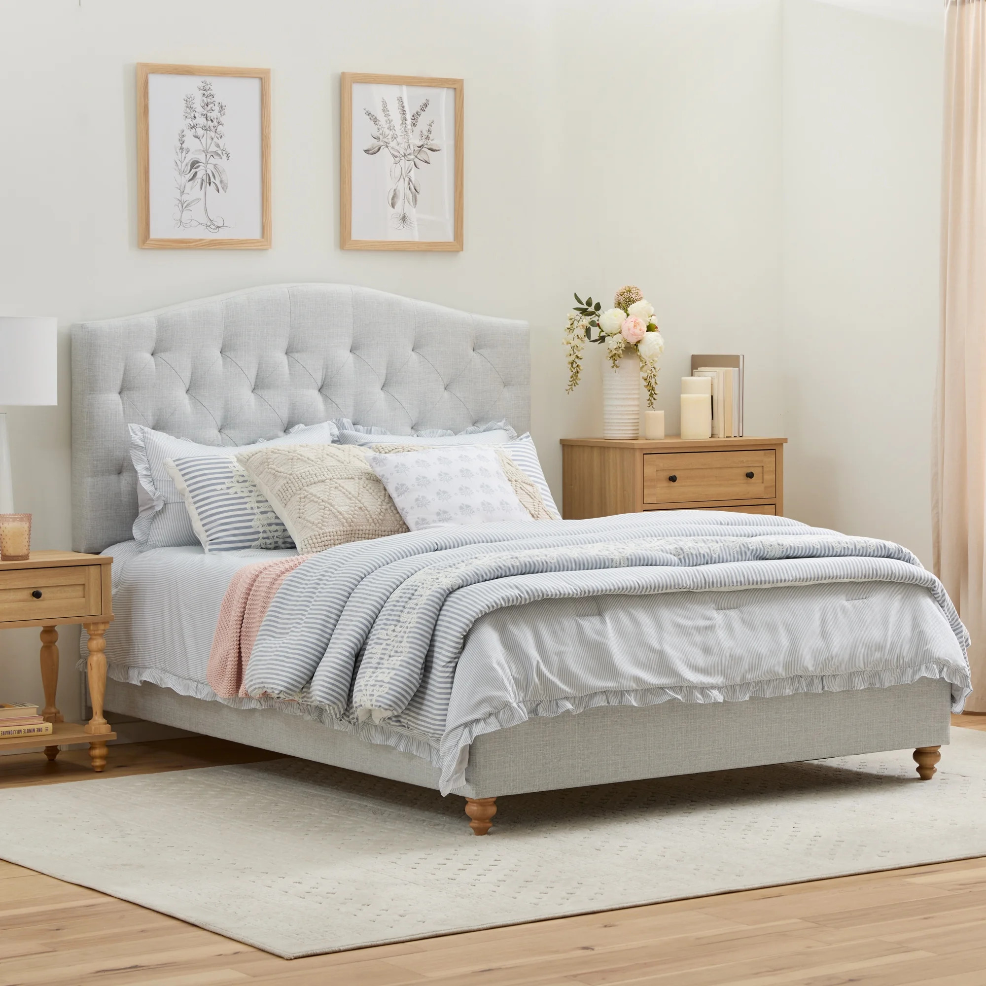 My Texas House Anna Upholstered Diamond Tufted Platform Bed, King, Light Gray | Walmart (US)
