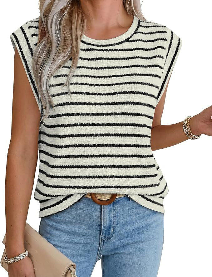 WIHOLL Women's Sleeveless Vest Striped Tops Muscle Tee Summer Outfits Business Casual T Shirts Tr... | Amazon (US)