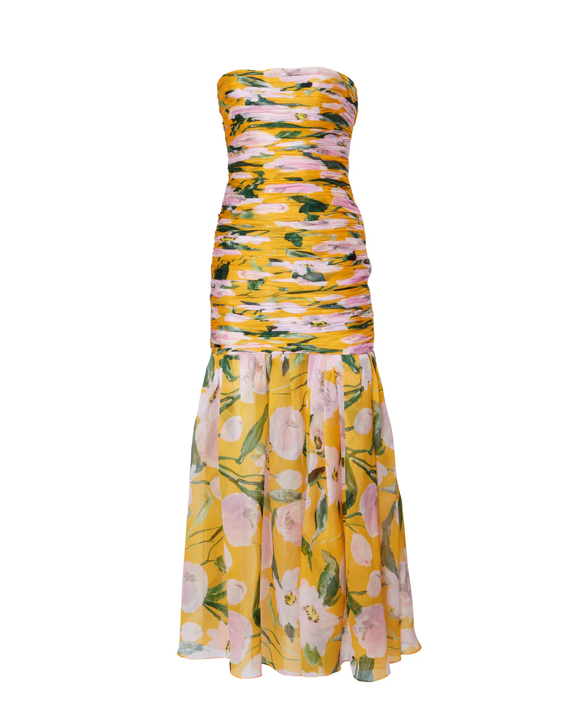 Strapless Gathered Bodice Midi Dress in Yellow Floral | Over The Moon