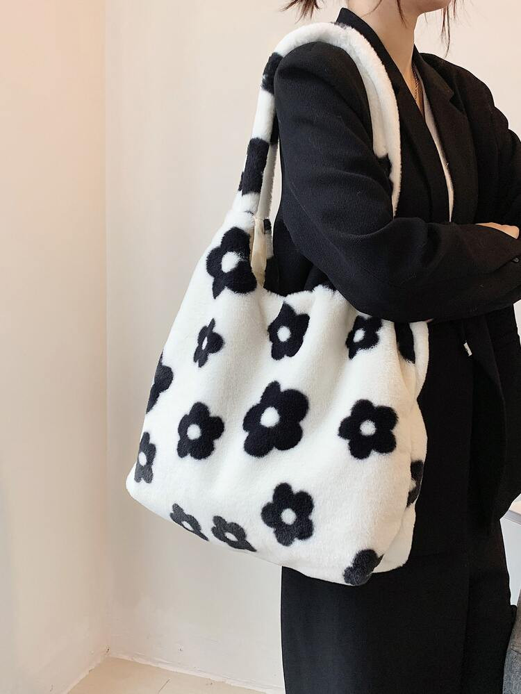 Fluffy Floral Shoulder Tote Bag | SHEIN