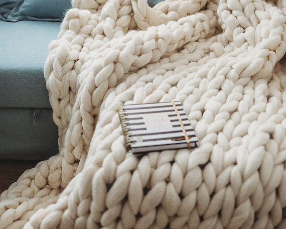 Chunky Knit Blanket, Arm Knitted Giant Stitch Merino Wool Throw, Home Decor Gift For Her | Etsy (US)
