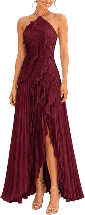 Women's Halter Neck Ruffled Pleated Maxi Dress, Sleeveless Chiffon Asymmetric Hem Cocktail Evening Gown for Wedding Guest | Amazon (US)