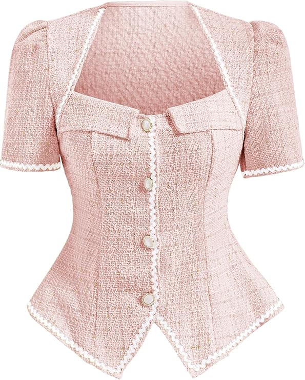 Women's Puff Sleeve Tweed Tops Elegant Button Down Business Casual Blouse | Amazon (US)