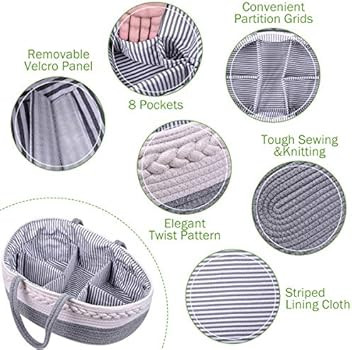 Baby Diaper Caddy Organizer, Rope Nursery Storage Basket with Removable Division Inserts, 6 Grids... | Amazon (US)
