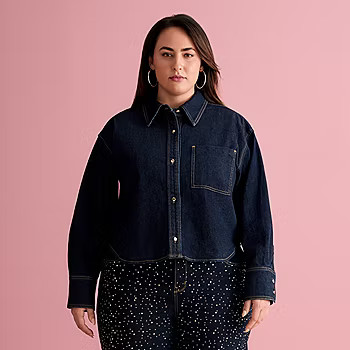 new!Bold Elements x Ally Brooke Womens Plus Oversized Long Sleeve Easy Care Button-Down Shirt | JCPenney