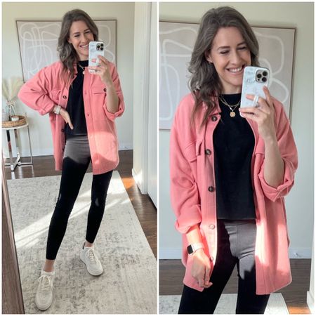 Target fleece shacket size small, oversized fit. Soft and cozy, wear now and into the spring. 
Target tee size medium
Leggings tts small
Sneakers tts 

#LTKstyletip #LTKunder50