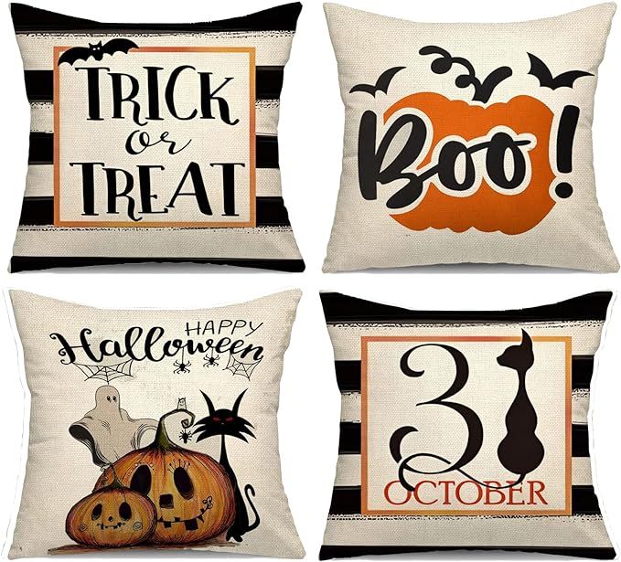 Fertilundant Halloween Pillow Covers 18x18 inch Set of 4,Happy Halloween Boo Black Cat Trick or T... | Amazon (US)