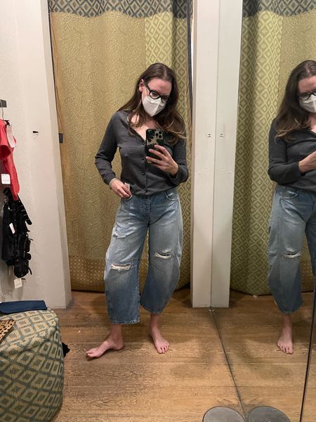 I went into @freepeople to try on some barrel leg jeans- I’ve been so intrigued by the shape but wasn’t sure if they were for me! Turns out I fell in love! #investmentpiece 

#LTKover40 #LTKfindsunder100 #LTKSeasonal