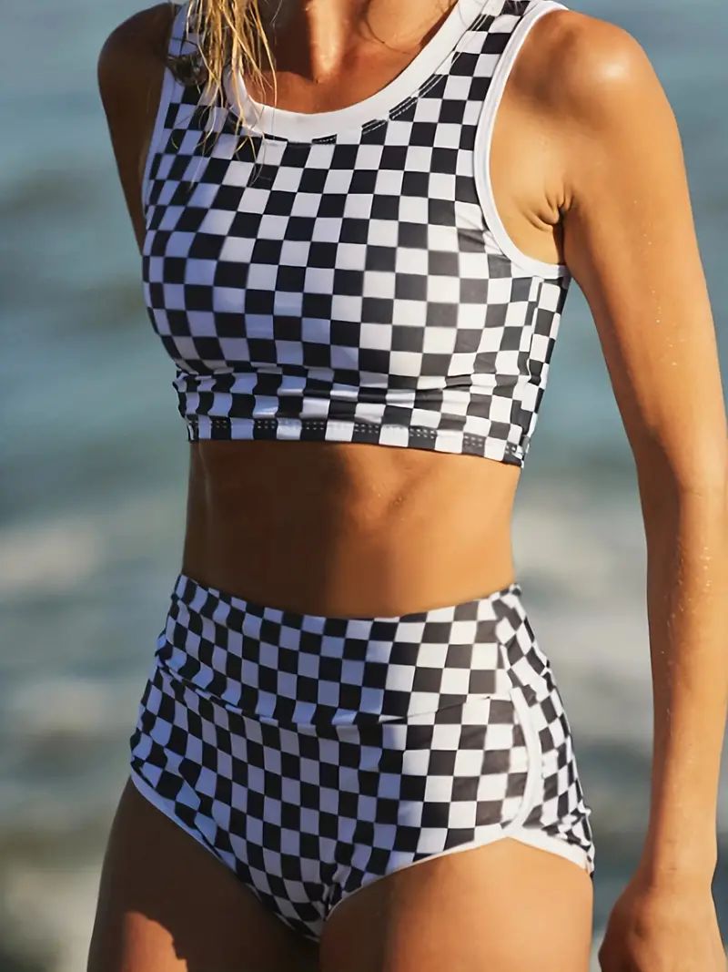 Black White Color Block Checkerboard Plaid Swimsuit Round - Temu | Temu Affiliate Program
