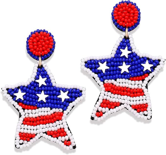 American Flag Earrings for Women Girls, Patriotic Beaded Star Drop Dangle Earrings, Memorial Day ... | Amazon (US)