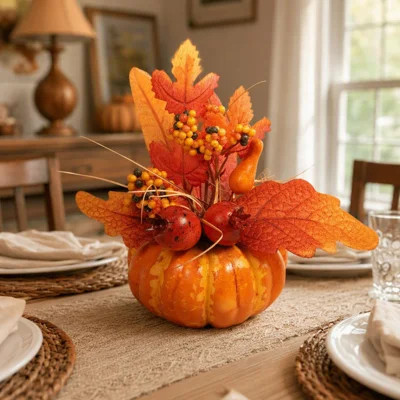 Artificial Pumpkin Floral Arrangement, Fall Harvest Table Centerpiece with Maple Leaves, Berries and Autumn Flowers for Thanksgiving Home Decor | Wayfair North America