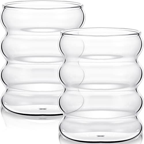 KEMORELA 18oz Wave Shape Beverage Glasses With Straws,Vintage Glass Cups Wine Mugs Of 4 Set, Ripple Drinking Glasses,for Juice Beer Wine Champagne Cocktail Home Kitchen Bar Mixed Drinks (4PCS-Clear) | Amazon (US)