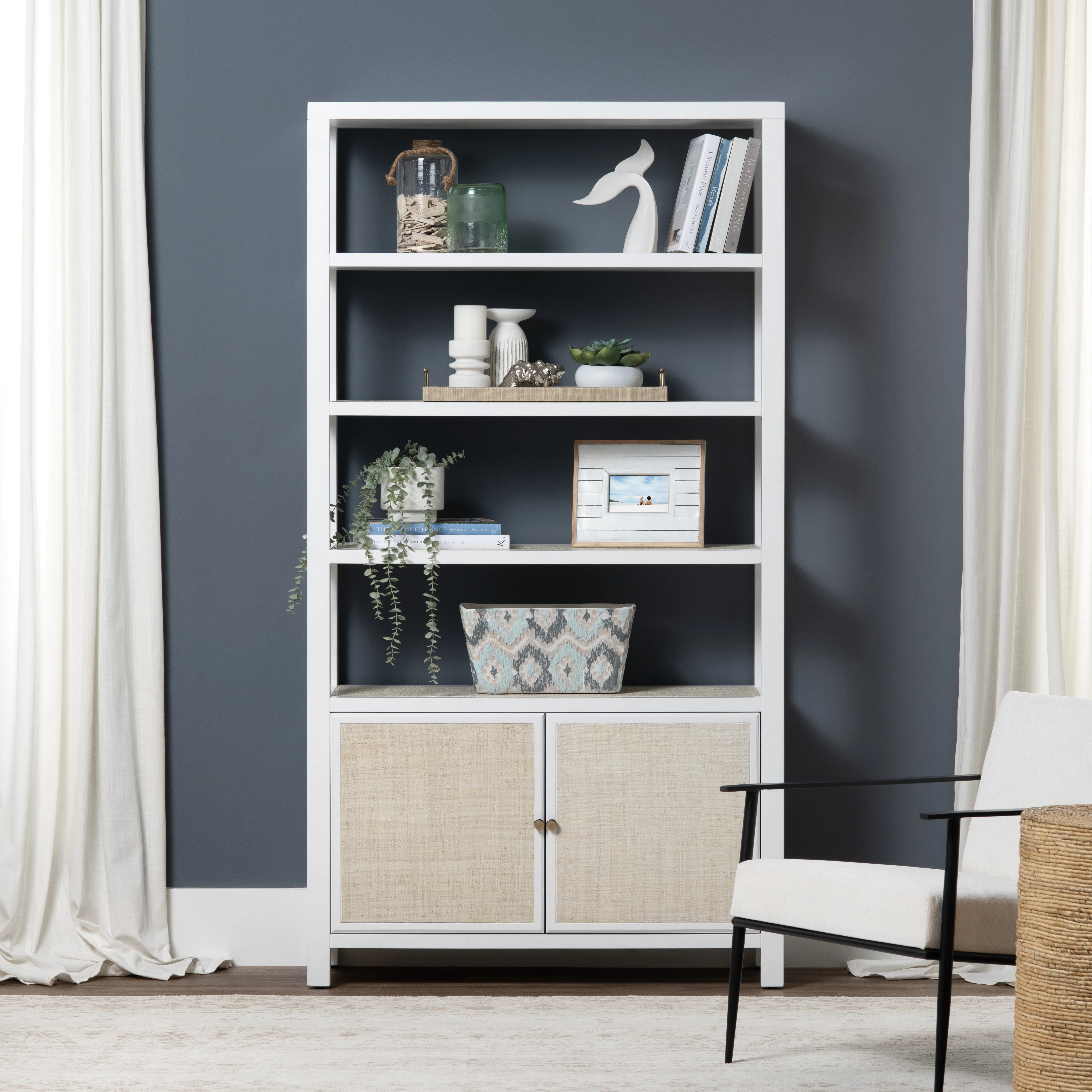 Mordcha 78.5 in. Solid Wood and Raffia 2 Door 3 Shelf White Etagere Bookcase | Wayfair North America