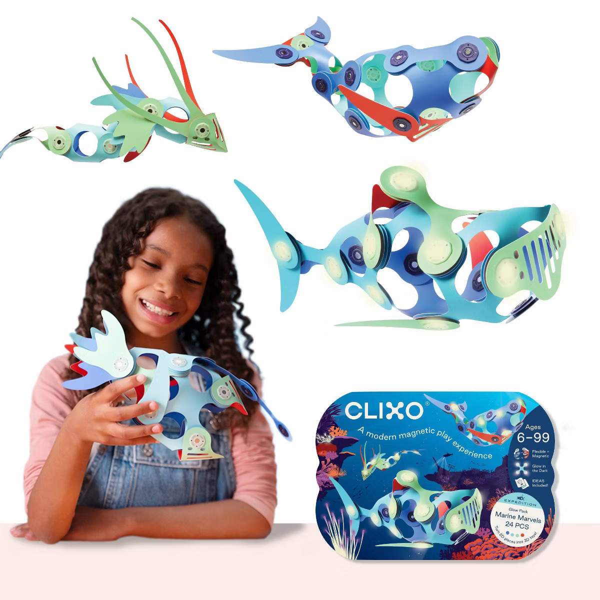 Clixo Marine Marvels Pack: Creative & Problem-Solving Magnetic Building Set with 24 Pieces | Target