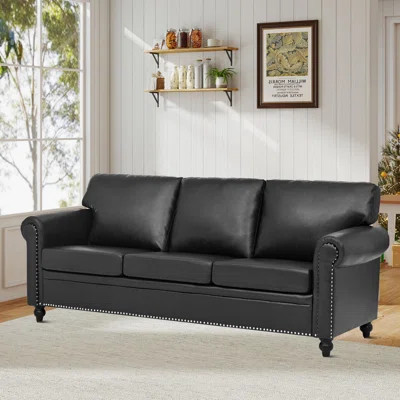 Classic PU Leather Sofa with Rolled Arms and Nailhead Trim, 3-Seat Comfortable Couch with Pocket Springs and Foam Cushions | Wayfair North America