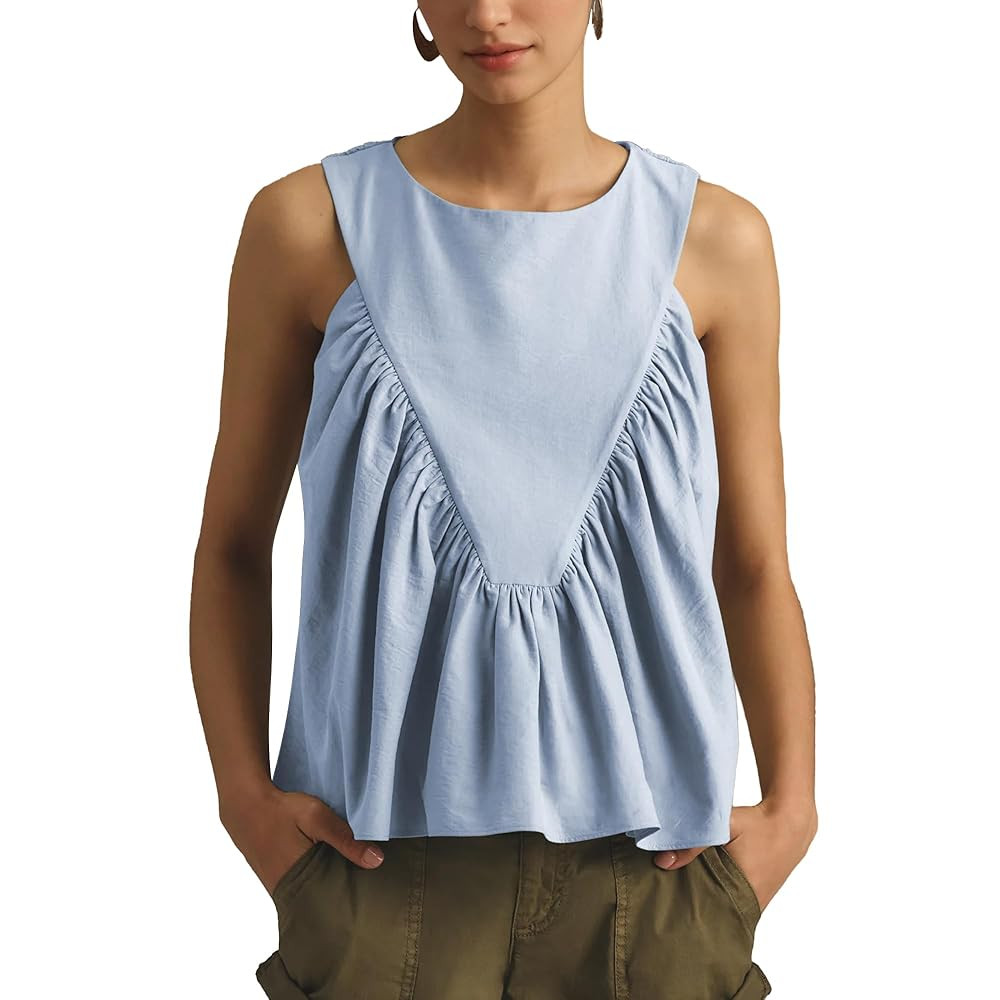 Hixiaohe Shirred Swing Tank Tops for Women Fashion Flowy Sleeveless Shirts Casual Crew Neck Blous... | Amazon (US)