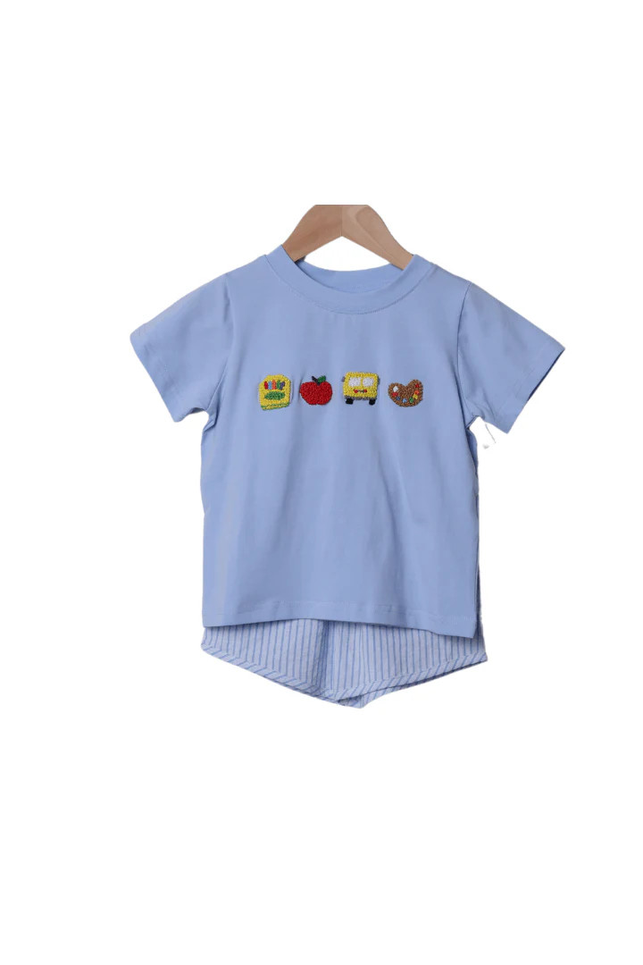 French Knot School Blue Pinstripe Short Set | The Smocked Flamingo