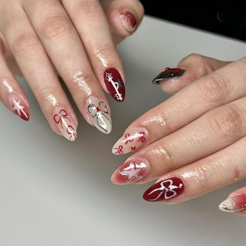 Red Press on Nails Bow Fake Nails Short Almond False Nails with Pearl Design Ombre Glue on Nails Artificial Acrylic Nail Full Cover Star Stick on Nails for Women Manicure 24Pcs | Amazon (US)