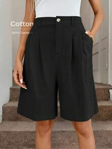 Easowa Casual Bermuda Shorts For Women, Cotton Fabric, Comfortable, Khaki Color, Long Length, Wit... | SHEIN