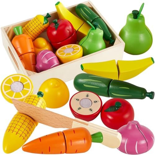HERSITY Wooden Play Food Set Cutting Fruits and Veggies Toys for Toddlers 1-3, Pretend Play Kitch... | Amazon (US)