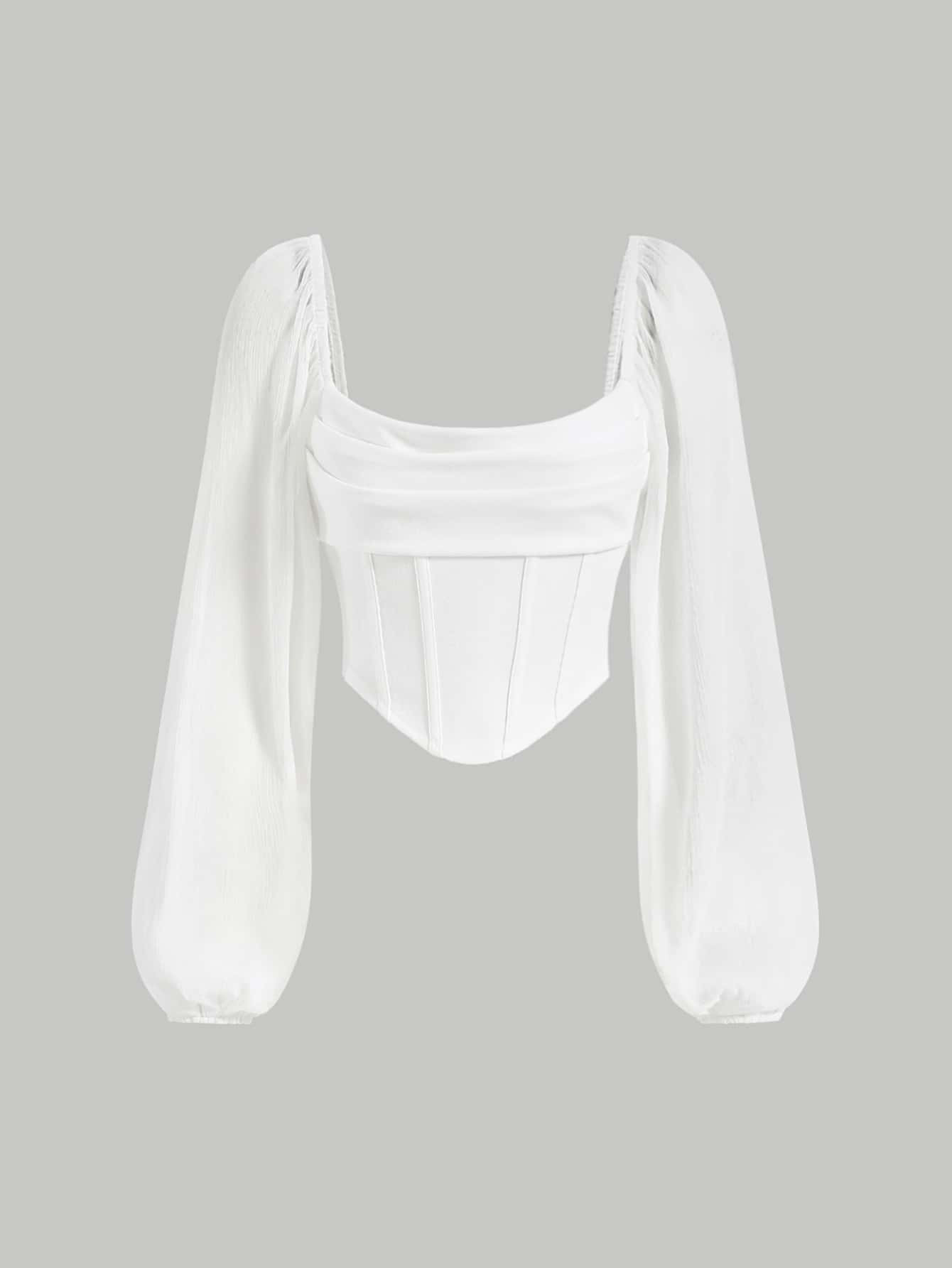 SHEIN MOD Lantern Sleeve Ruched Scoop Neck Asymmetrical Hem Crop White Long Sleeves Top | SHEIN