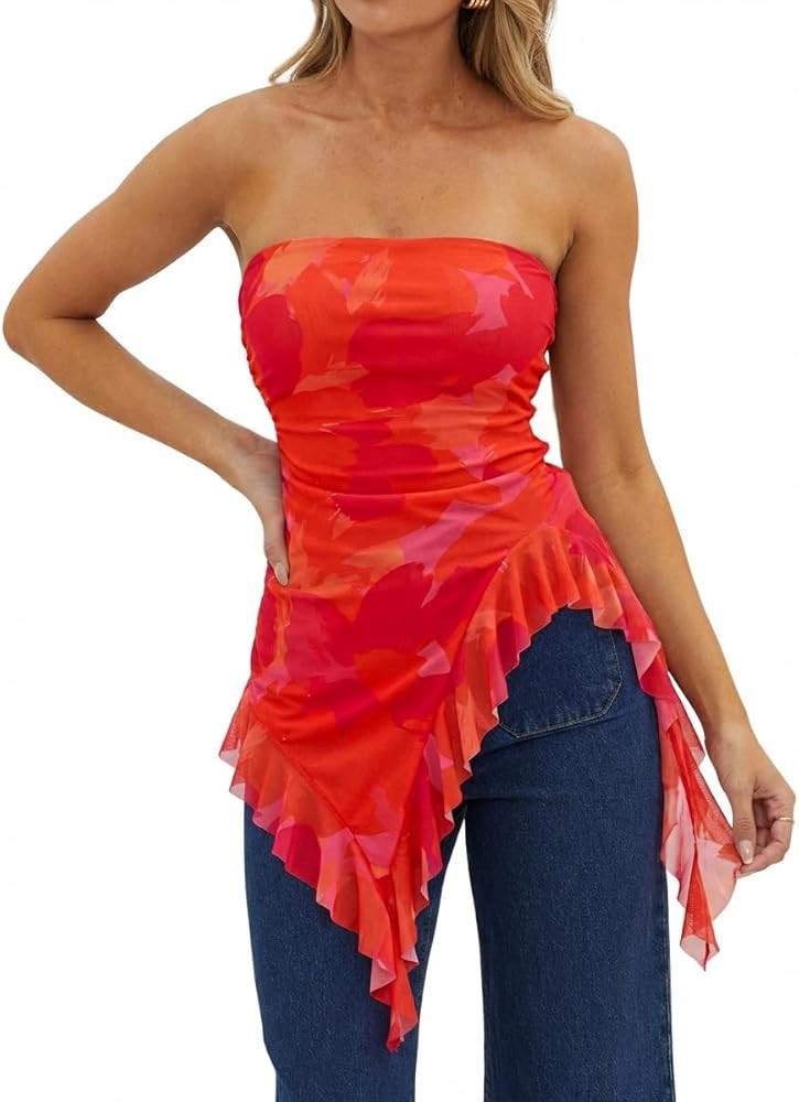 Womens Strapless Tube Tops Summer Asymmetrical Long Ruched Mesh Shirts Cute Y2k Ruffle Hem Going ... | Amazon (US)