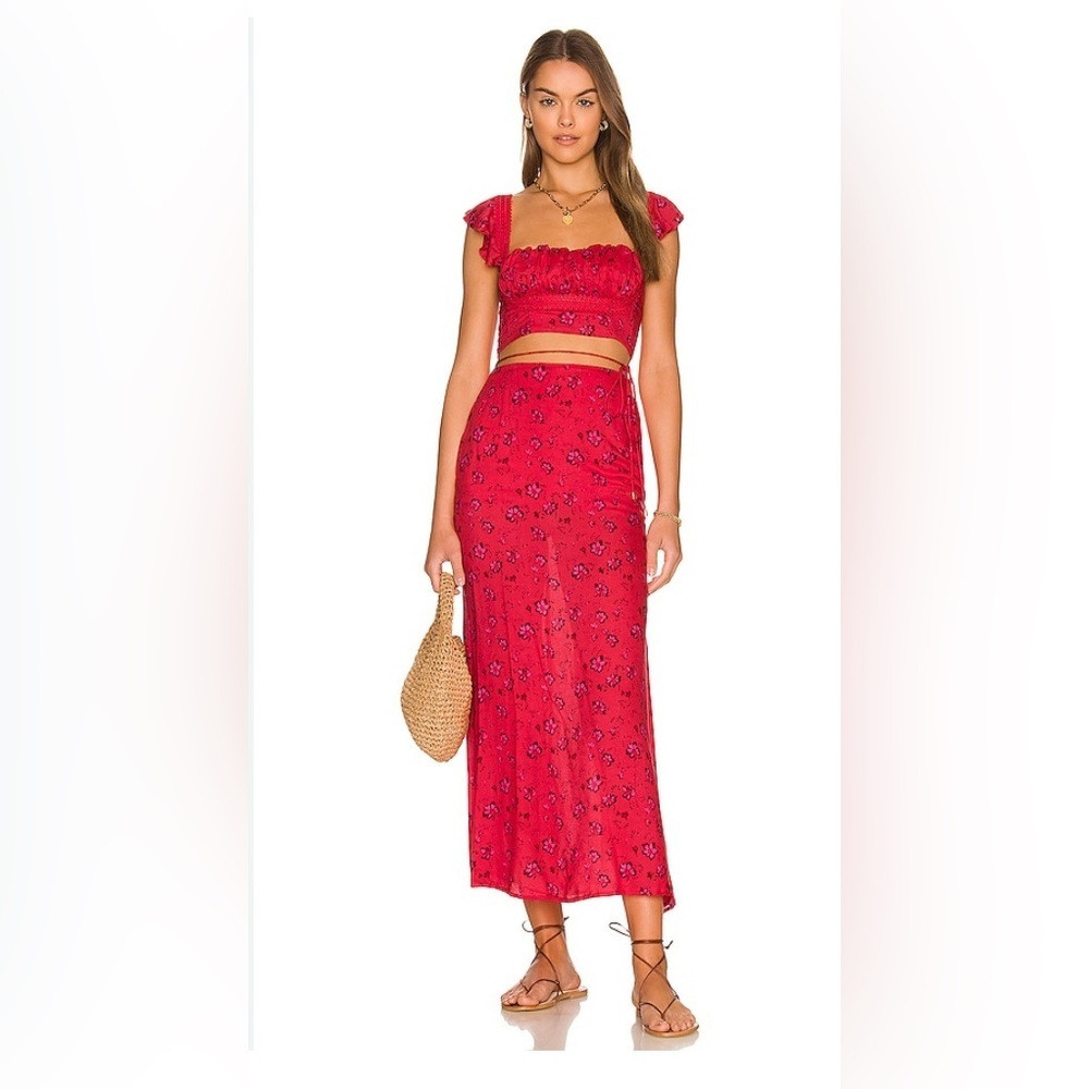 Free People Bijou 2pc Set Size 4 Cherry Red Floral Skirt Crop Top Colorful Fairy | Poshmark