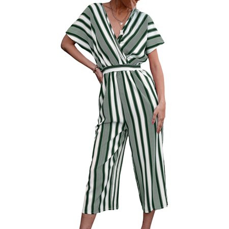 Cindysus Women Loose V Neck Striped Jumpsuit Rompers Ladies Short Sleeve Wide Leg Outdoor Pants Romp | Walmart (US)