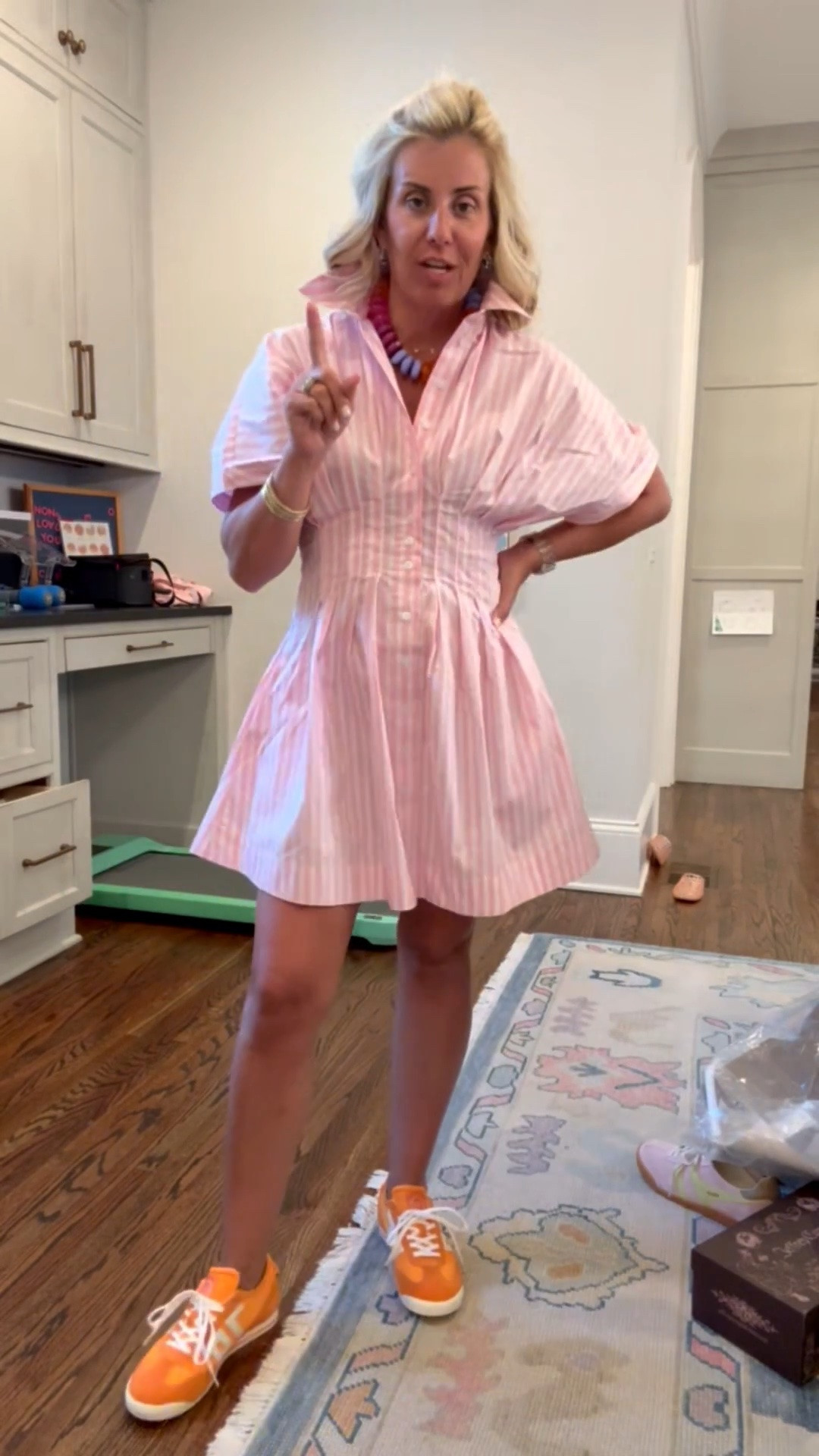 Pink and orange will always be a winning combo! I love how this necklace just brings this outfit together. I’m wearing a small dress and an 8 sneaker tts. 

@Anthropologie 
#anthropartner

#LTKdayinmylife #LTKmomlife #LTKOver40