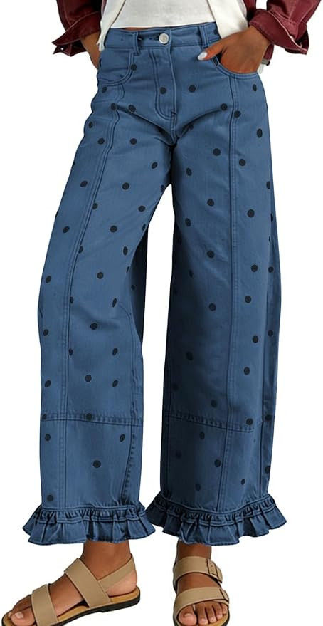 chouyatou Women's Cute Polka Dot Pattern Barrel Jeans Y2K Boyfriend Mid Rise Wide Leg Ruffled Den... | Amazon (US)