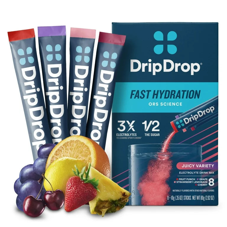 DripDrop Electrolyte Powder Drink Mix for Dehydration Relief Fast, Juicy Variety, 0.35 oz, 8 Coun... | Walmart (US)