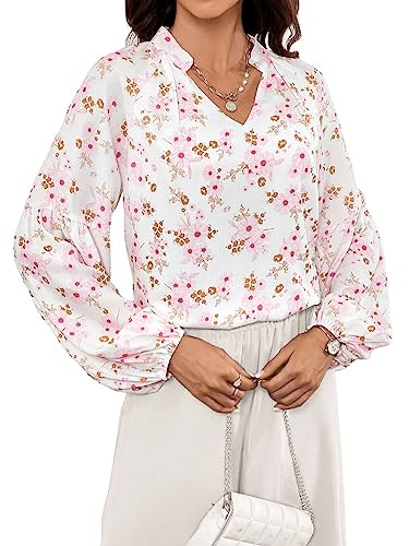SweatyRocks Women's Long Sleeve V Neck Shirt Boho Floral Print Pullover Pleated Blouse Top | Amazon (US)