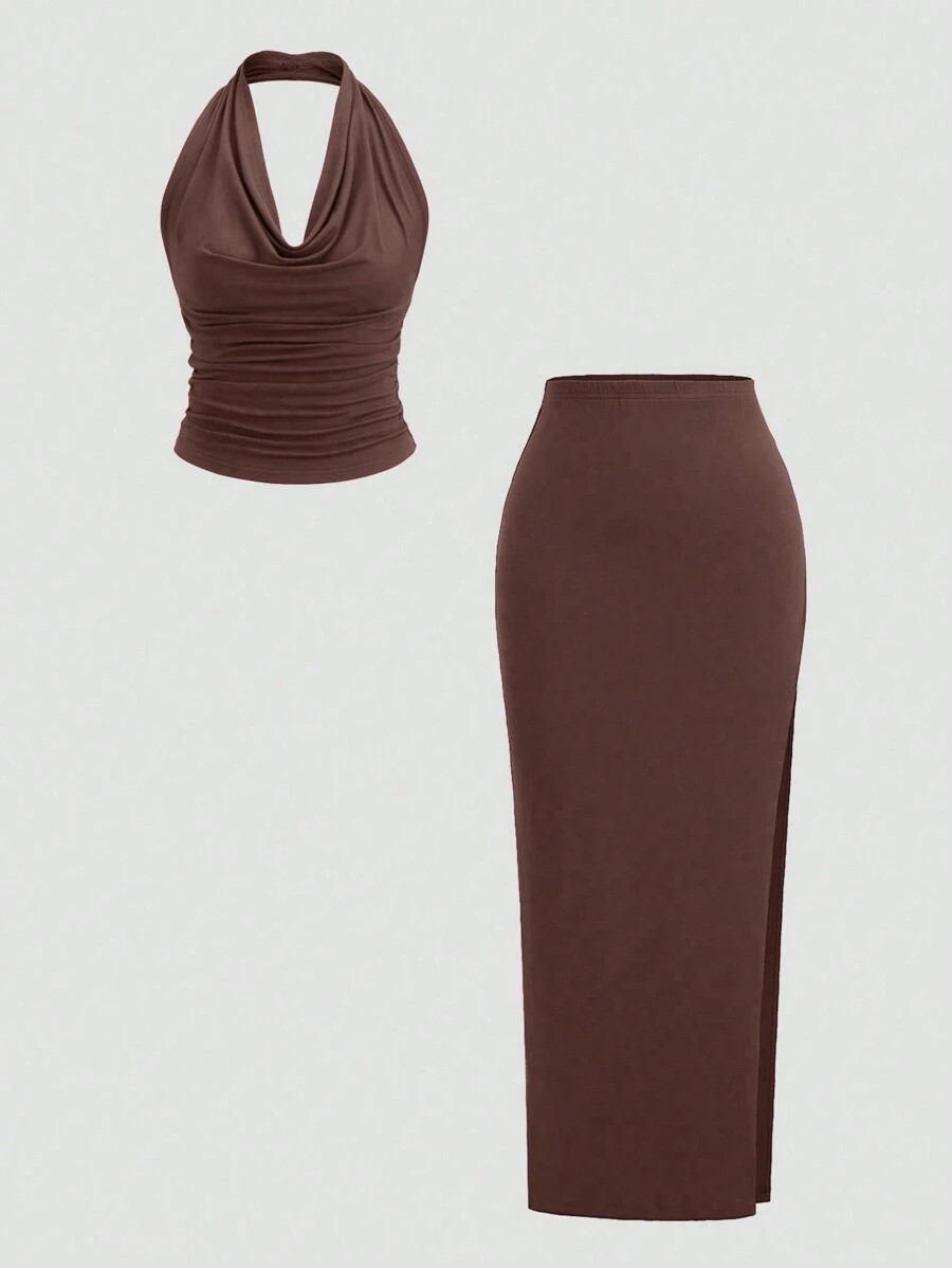 Sweetra Plunging Neck Backless Halter Crop Top With Side Slit Skirt Set | SHEIN