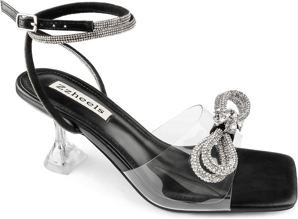 Zzheels Double Bowknots Crystal Sandals Clear Slingback Heels Square Toe Shoes for Party Wedding | Amazon (US)
