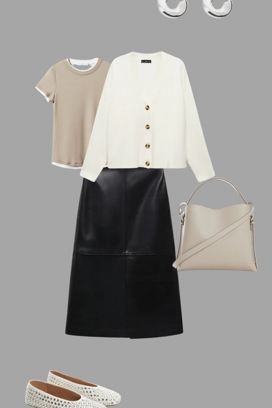 Autumn at Mango. A leather Maxi skirt with a cream cardigan, layered t shirt, beautiful diamanté pumps, a taupe top handle bag and simple hoody