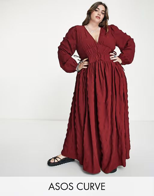 ASOS DESIGN Curve gathered waist maxi dress in seersucker in burnt rustwindow.asos.performance.ma... | ASOS (Global)