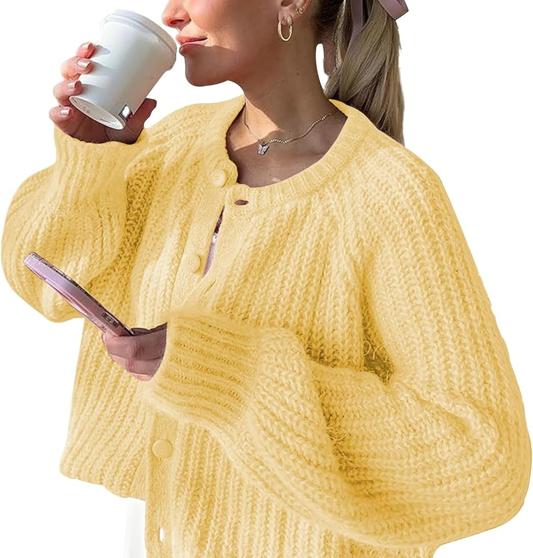 FindThy Women’s Chunky Knit Cardigan Long Sleeve Button Down Crewneck Fall Sweater Coat | Amazon (US)